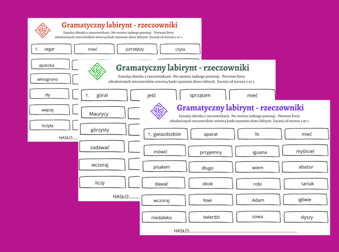 Gramatyczny labirynt - RZECZOWNIKI - rzeczownik - części mowy - karta pracy - kl.4-5