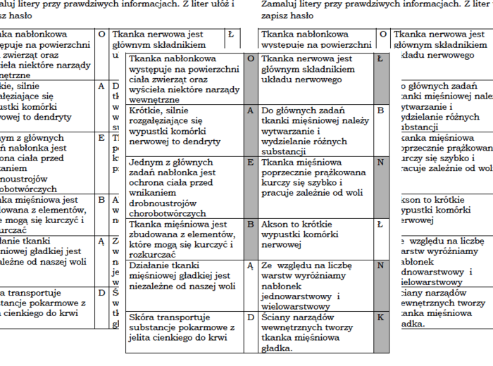 Łamigłówka na podsumowanie lekcji biologii w klasie 6 "Tkanka nabłonkowa, mięśniowa i nerwowa"