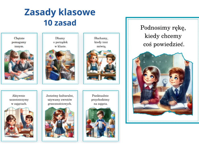 KLASOWE ZASADY/ KODEKS UCZNIA 10 plansz i strona tytułowa (pdf)