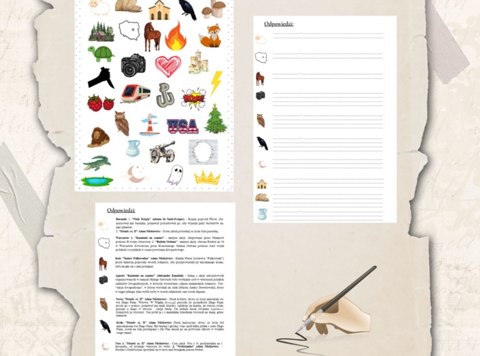 Karta pracy ikony (symbole, obrazki) do wszystkich lektur + odpowiedzi egzamin ósmoklasisty język polski