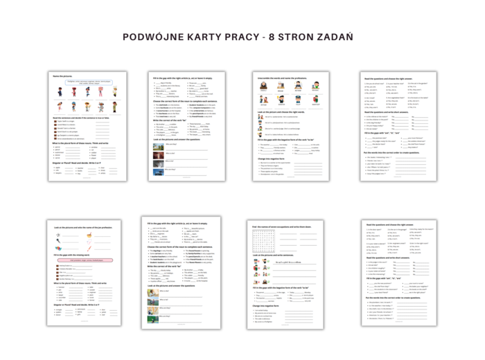 Everyday grammar: to be, articles, plural, grade 4, worksheet, job professions. Gramatyka dla klasy 4, podwójne karty pracy z ćwiczeniami na odmiane czasownika to be, zdania twierdzące, przeczenia, pytania, krótkie odpowiedzi, rozróżnianie liczby mnogiej