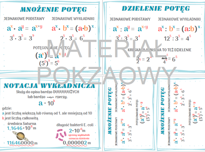 Działania na potęgach - notatka, plansza, gazetka