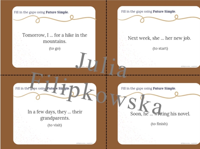 Future Simple Karty do mówienia/ Mówienie/ Speaking/ Zestaw/ Pakiet/ Klasy 4-8/ Klasy 4-6/ Klasy 6-8/ SP/ Warm-up/ Rozgrzewka/ Gramatyka/ Grammar/ Speaking cards grammar/ Grammar cards/ E8