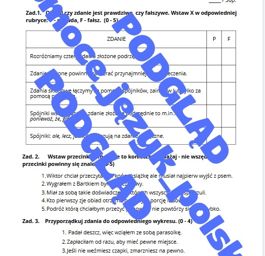 Zdania złożone współrzędnie i podrzędnie - sprawdzian + klucz odpowiedzi