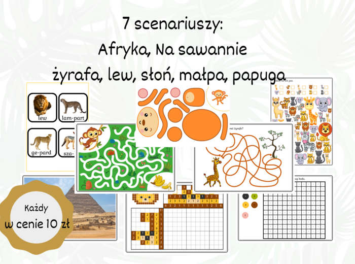 Afryka 7 scenariuszy Afryka (Wartość 12 zł) + piękny wiersz: na sawannie, lew, słoń, małpa, papuga, żyrafa