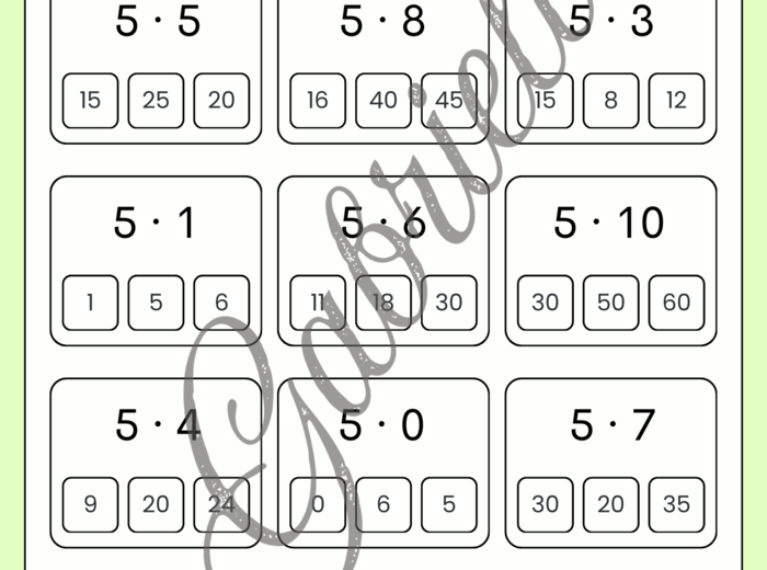 Tabliczka mnożenia - karty pracy, mnożenie przez 2,3,4 oraz 5.