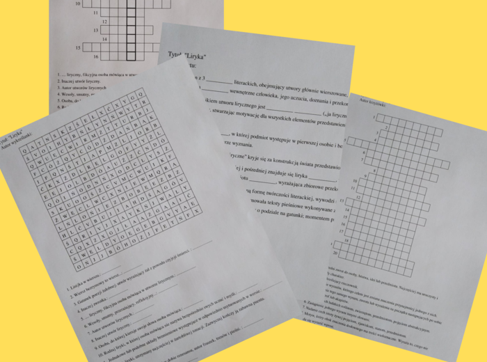 LIRYKA (terminy, środki poetyckie) - krzyżówki, wykreślanki, teksty z luką - kl.7-8