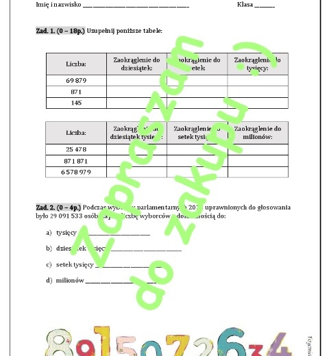 Zaokrąglanie liczb naturalnych - karta pracy lub kartkówka