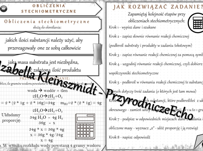 Sketchnotka - notatka „Obliczenia stechiometryczne” wykonana w power point do edycji. Chemia 7, „Ważne prawa”