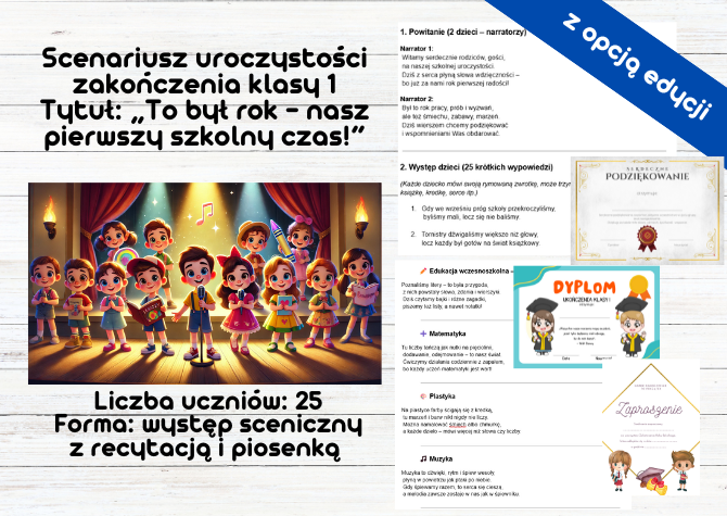 Scenariusz zakończenia klasy 1, Zaproszenie na zakończenie roku szkolnego / szkoły, Dyplomy, Podziękowania
