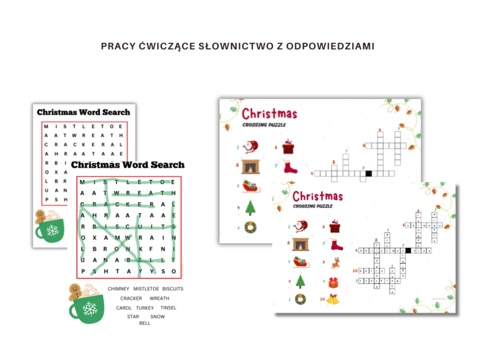 Christmas MegaPack - Ćwiczenia i gry na poznanie, utrwalenie słownictwa i zwrotów, Boże Narodzenie, Krzyżówka, Wykreślanka, Memory, Karty obrazkowe z podpisami