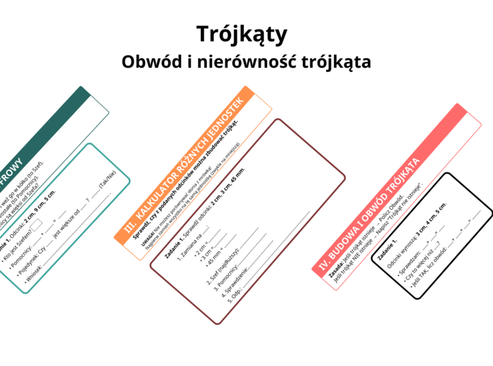 🌟 KARTY PRACY: TRÓJKĄTY – OBWODY + NIERÓWNOŚĆ TRÓJĄTA - 8 stron