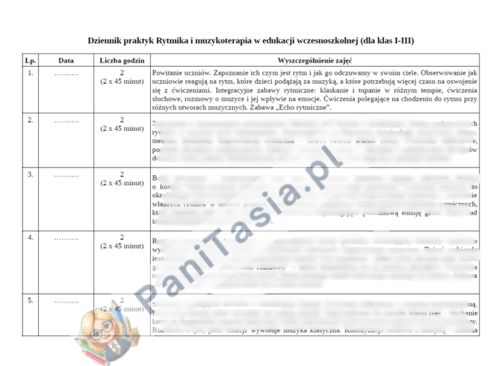 Pakiet RYTMIKA i muzykoterapia - przykładowe wpisy do dziennika praktyk + wzór opinii opiekuna praktyk