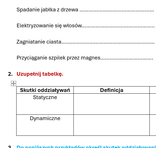 Karta pracy/kartkówka Wzajemne oddziaływanie ciał.