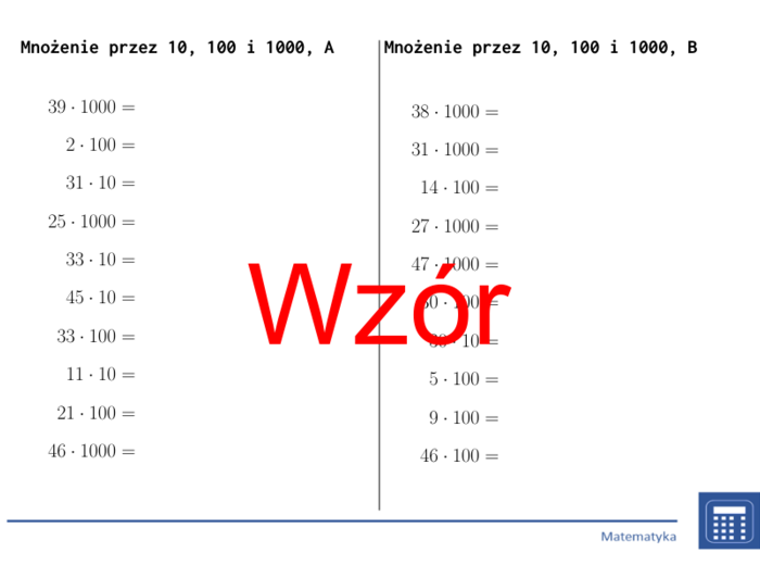 Mnożenie przez 10, 100 i 1000 | matematyka | 26 kolumn