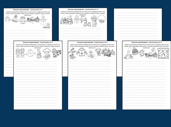 ZIMOWE OPOWIADANIE – 5 kart pracy – kl. 4-6 – ćwiczenia redakcyjne – zima – ikonki - wersja czarno-biała