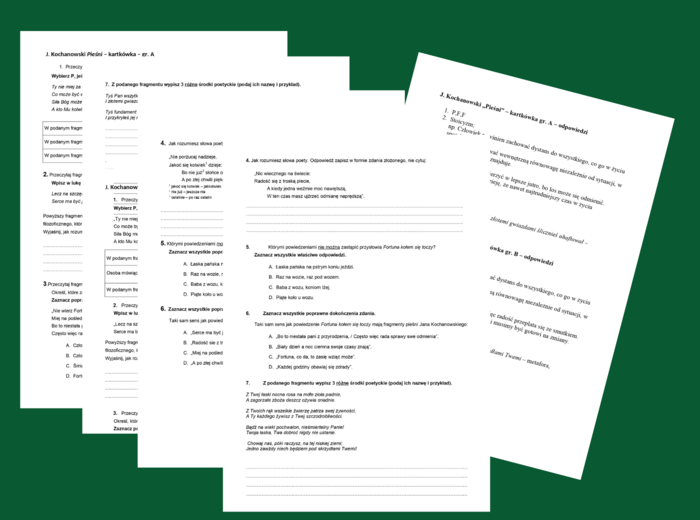 Jan Kochanowski PIEŚNI - kartkówka - 2 grupy + odpowiedzi - kl.7-8