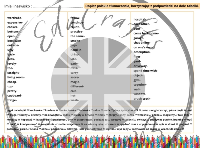 Karta pracy i kartkówka z rozwiązaniem - Vocabulary worksheet 4th grade