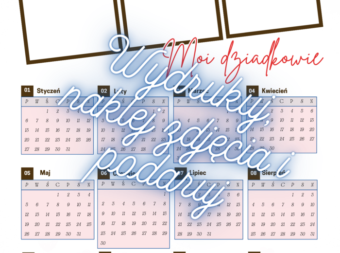 Kalendarz dla babci i dziadka z miejscem na zdjęcia lub rysunki – do druku