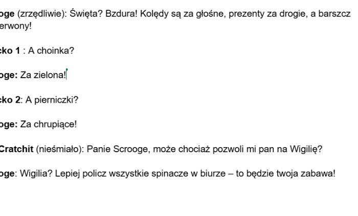 Opowieść wigilijna - Parafraza (skecz) króki SKECZ dla dzieci - przedstawienie szkolne