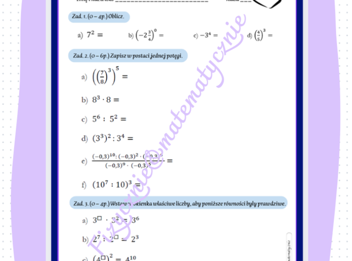 Potęgi o tych samych podstawach - kartkówka/karta pracy (klasa 7).