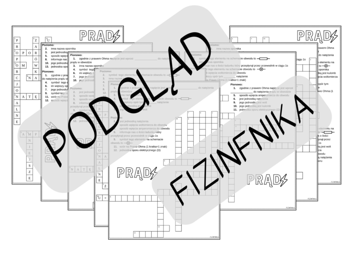 Krzyżówka - prąd stały - napięcie, natężenie, opór, prawo Ohma, jednostki, symbole elementów obwodów elektrycznych - fizyka