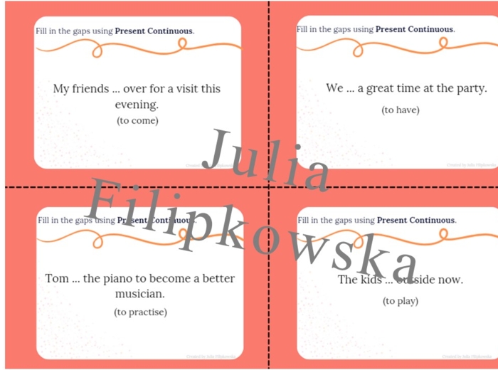 Present Continuous/ Karty do mówienia/ Mówienie/ Speaking/ Zestaw/ Pakiet/ Konwersacje/ Klasy 4-8/ Klasy 4-6/ Klasy 6-8/ SP/ Warm-up/ Rozgrzewka/ Speaking cards/ Gramatyka/ Grammar/ Speaking cards grammar/ Grammar cards/ E8