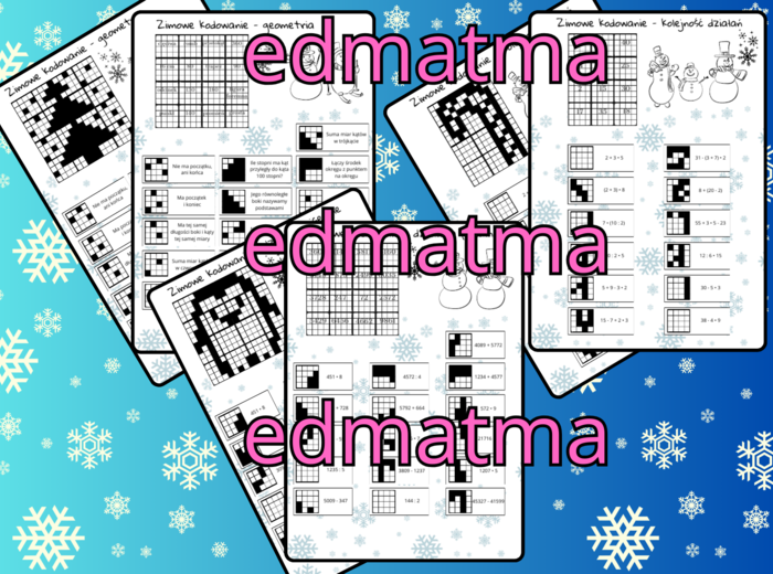 Zimowa kodowanka - geometria, działania pisemne, kolejność działań !!!3 w cenie 2!!! Kodowanie, zima