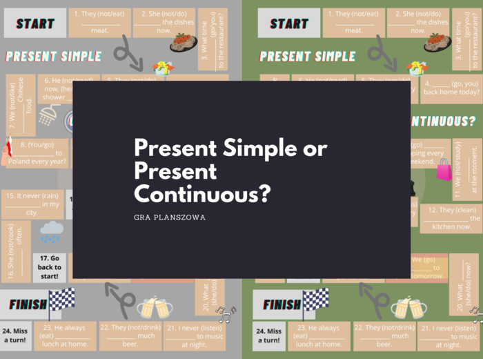 Gra planszowa PRESENT SIMPLE or PRESENT CONTINUOUS w dwóch wersjach kolorystycznych