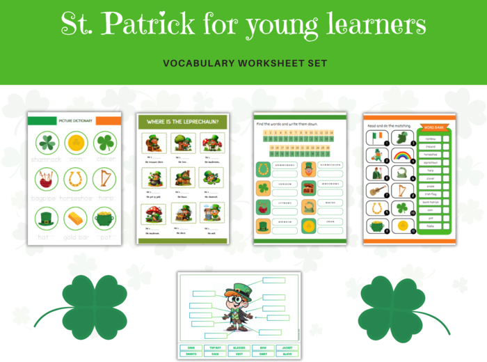 Saint Patrick's Day for Young Learners - Dzień Świętego Patryka dla uczniów klasy 1-2, zestaw, karty pracy, ćwiczenia na słownictwo, części garderoby, przyimki miejsca,