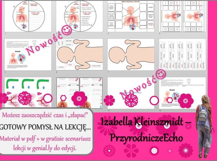 Karta pracy/stacje zadaniowe/materiał do lekcji do tematu „Układ oddechowy zapewnia wymianę gazową” w pdf. W gratisie niekomercyjny scenariusz lekcji/pomysł na lekcję w programie genial.ly do edycji. Przyroda 4. Dział „Odkrywamy tajemnice ciała człowieka