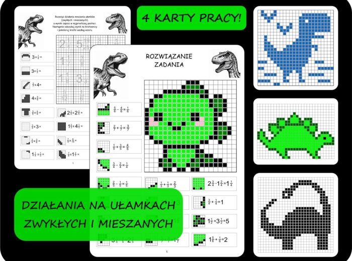 Działania na ułamkach zwykłych, mieszanych, kodowanki/bloksy : dinozaury. Dodawanie, odejmowanie, mnożenie ułamków, kolorowanka matematyczna ułamki