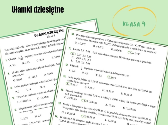 Ułamki dziesiętne, klasa 4, powtórzenie wiadomości, karta pracy z hasłem, rewalidacja, dzień tolerancji