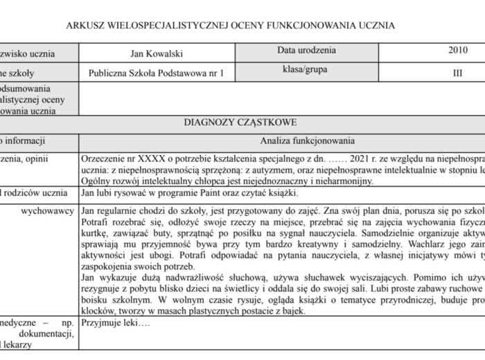 Przykładowa Wielospecjalistyczna Ocena Poziomu Funkcjonowania Ucznia, Autyzm