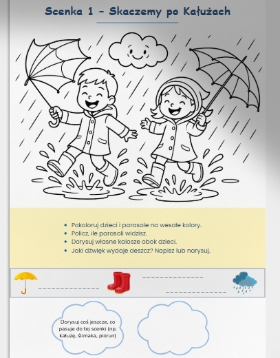 Karty pracy z kolorowaniem scenek z deszczową pogodą