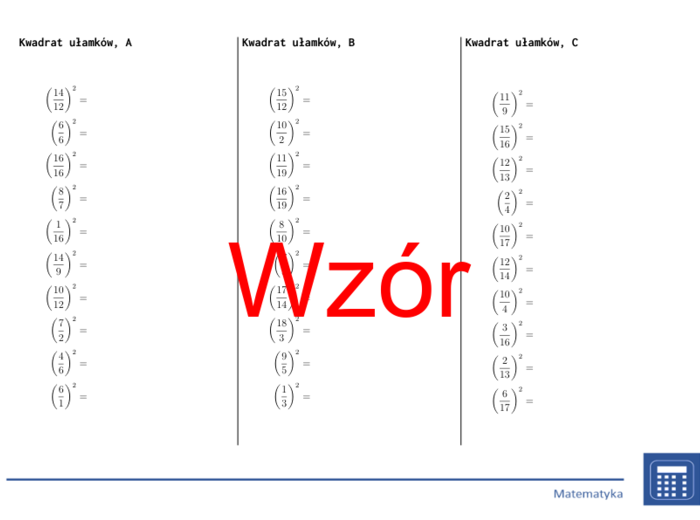 Kwadrat ułamków | matematyka | 26 kolumn