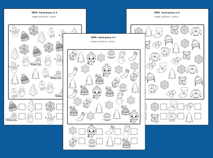 ZIMA – znajdź, pokoloruj i policz – 3 wersje – biblioteka – świetlica – przedszkole