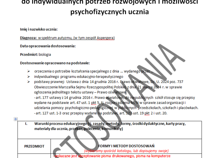 Gotowe dostosowania dla klasy 7 z biologii, dla ucznia w spektrum