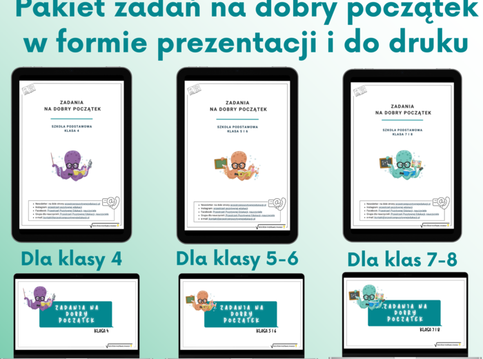 Zadania na dobry początek: Pakiet 3 kart i 3 prezentacji dla klas 4, 5-6 i 7-8 - PROMOCJA!!!