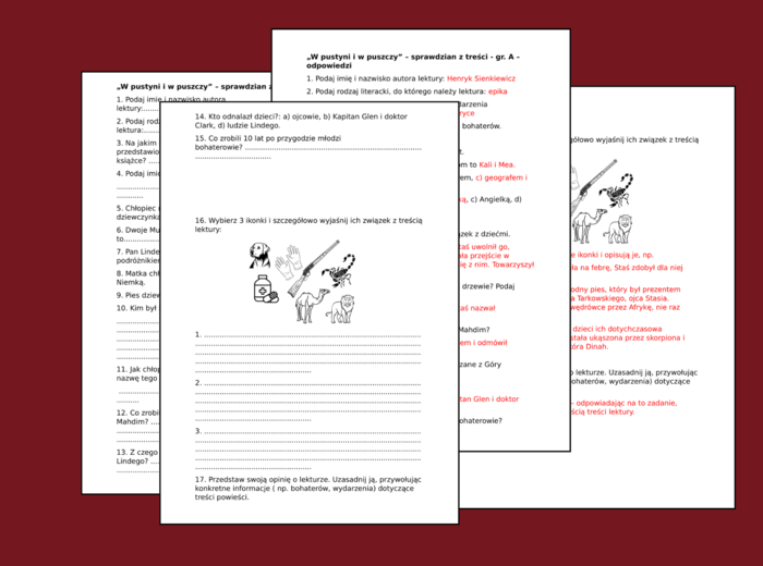 "W PUSTYNI I W PUSZCZY" – kartkówka - sprawdzian z treści - 2 grupy + ODPOWIEDZI