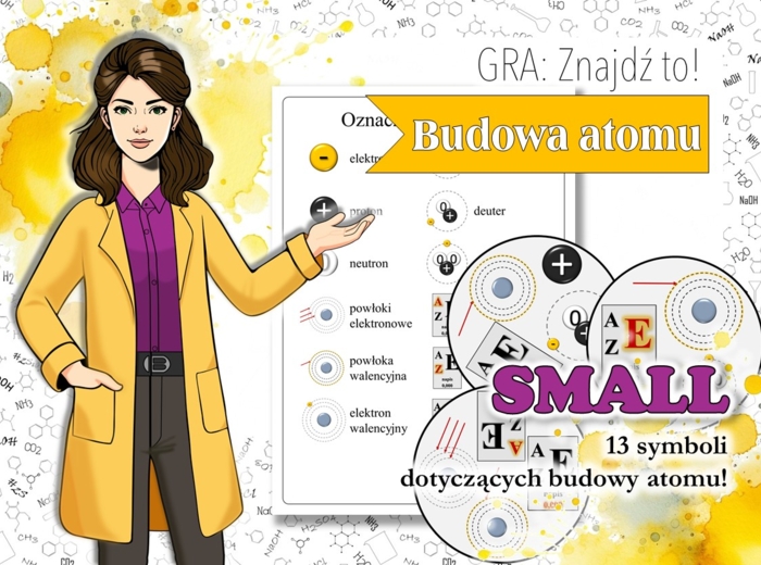 Klasa 7. Chemia. Znajdź to! Budowa atomu i jego położenie w układzie okresowym. Gra typu dobble. Wersja SMALL
