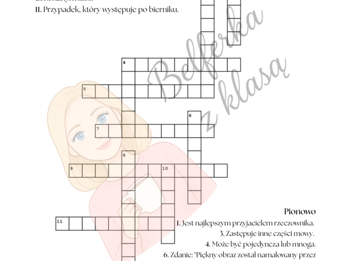 Odmienne części mowy krzyżówka, karta pracy, kartkówka - język polski