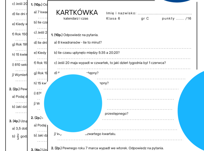 Kalendarz i czas. Kartkówka/karta pracy. Klasa 6