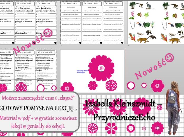 Pomysł na lekcję/karta pracy/stacje zadaniowe/notatki/ materiał do lekcji do tematu „W Amazonii” w pdf. W gratisie niekomercyjny scenariusz lekcji/pomysł na lekcję w programie genial.ly do edycji. Geografia 8. Dział „Ameryka”.