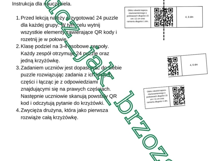 Podsumowanie wiadomości o czworokątach, QR kody i krzyżówka, klasa 5