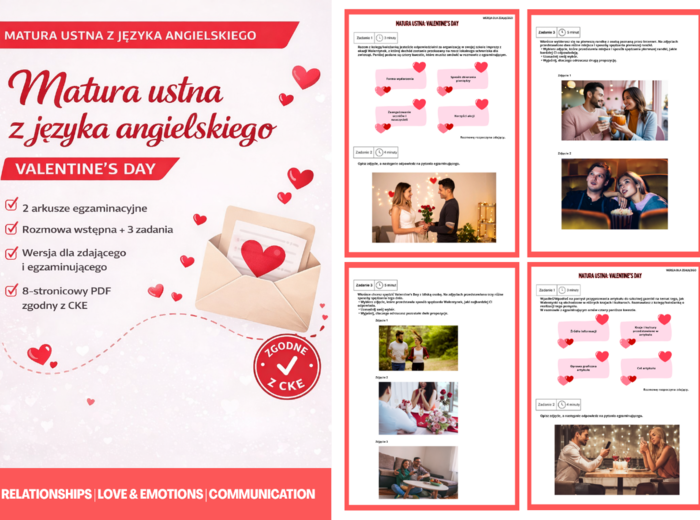 VALENTINE'S DAY Matura ustna z języka angielskiego – 2 arkusze egzaminacyjne | Walentynki  | Wersja dla zdającego i egzaminującego | PDF