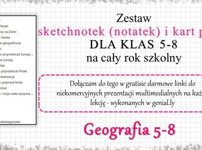 Ogromny zestaw sketchnotek i kart pracy + gratisowe linki do prezentacji multimedialnych niekomercyjnych wykonanych w genial.ly do indywidualnego pobrania i użycia do celów niekomercyjnych z GEOGRAFII do klas 5-8. Materiały wykonane są w programie power 