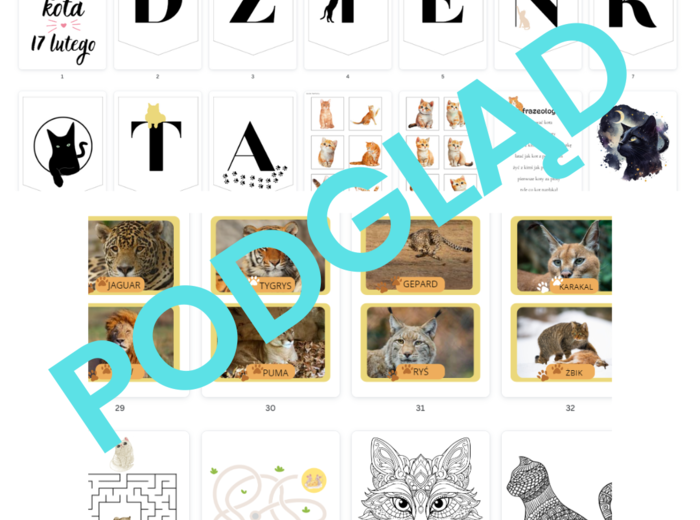 Dzień Kota - napis, kolorowanki, zadania, dzikie koty