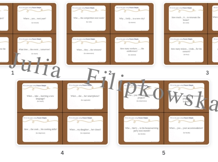 Future Simple Karty do mówienia/ Mówienie/ Speaking/ Zestaw/ Pakiet/ Klasy 4-8/ Klasy 4-6/ Klasy 6-8/ SP/ Warm-up/ Rozgrzewka/ Gramatyka/ Grammar/ Speaking cards grammar/ Grammar cards/ E8