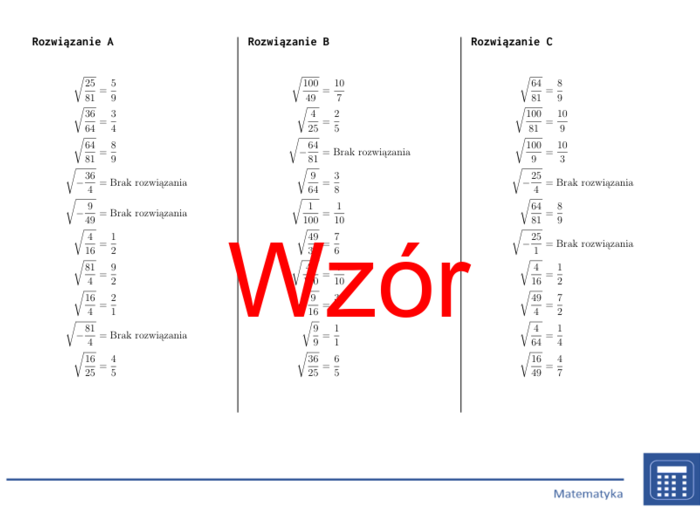 Pierwiastek kwadratowy ułamków dodatnich i ujemnych | matematyka | 26 kolumn
